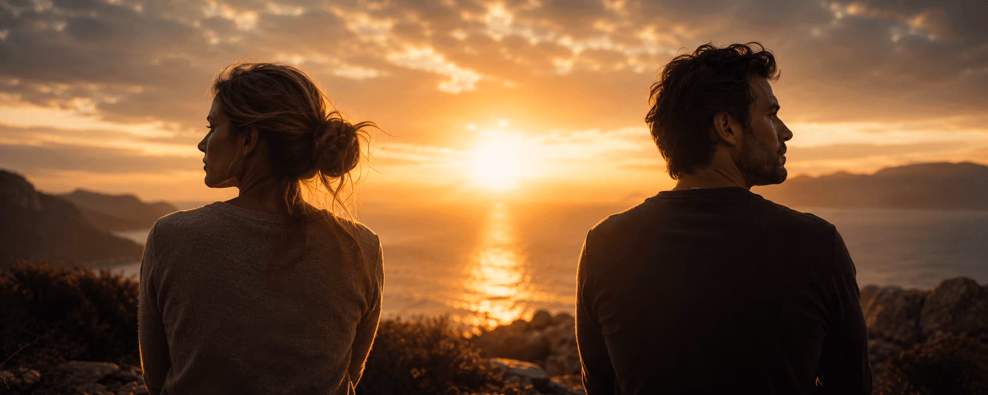 Woman and man sitting side by side, looking out over the sea at sunset