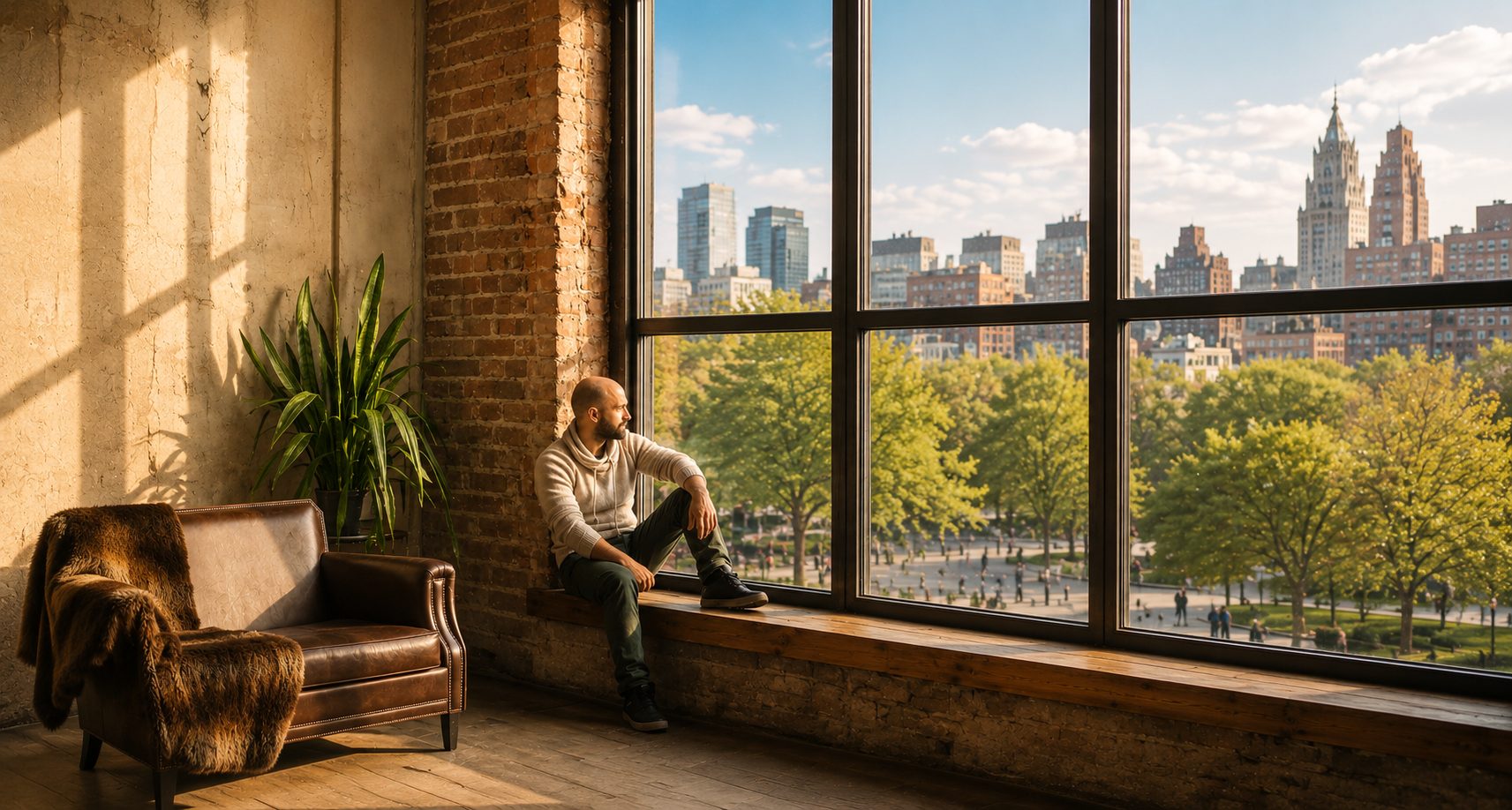 Man sitting on a windowsill in a loft, looking out over the city
